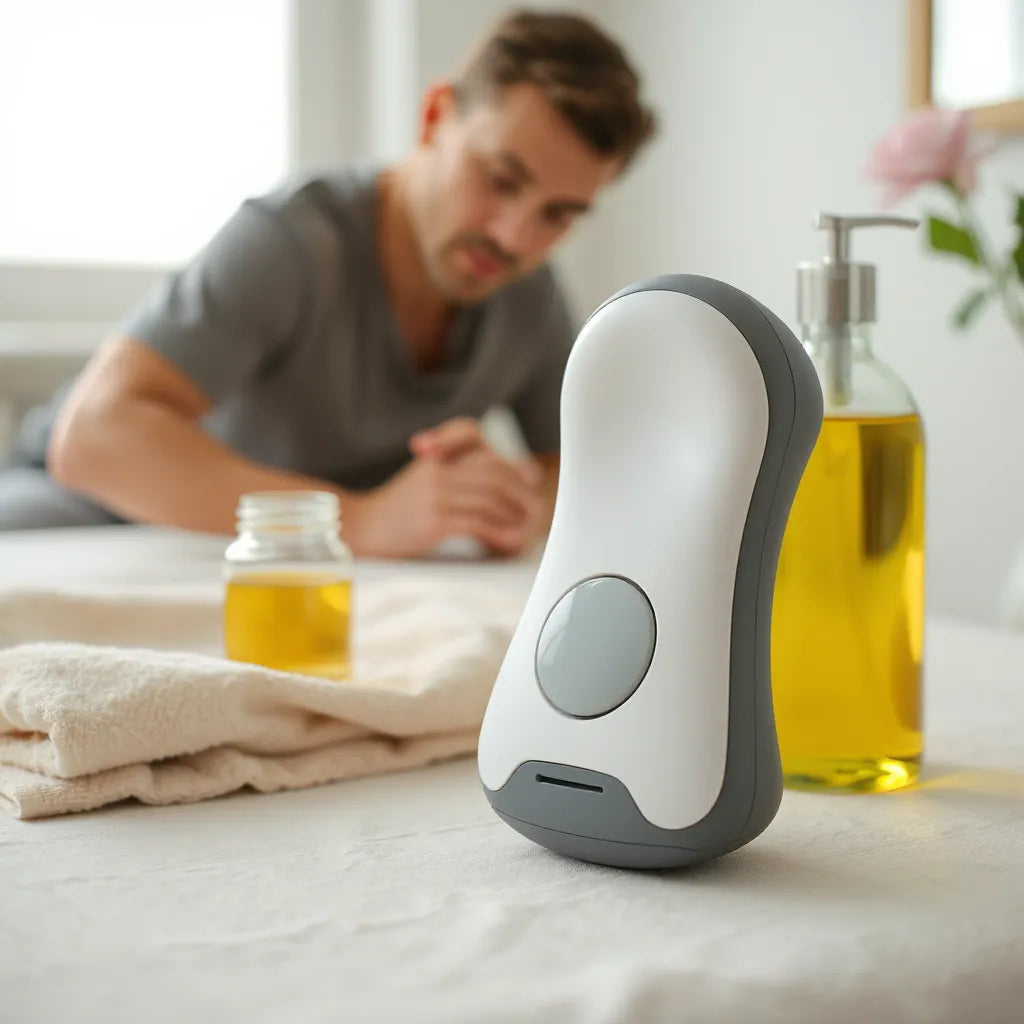Ergonomický osobný vibračný masér na uteráku vedľa masážneho oleja v pokojnom kúpeľnom prostredí