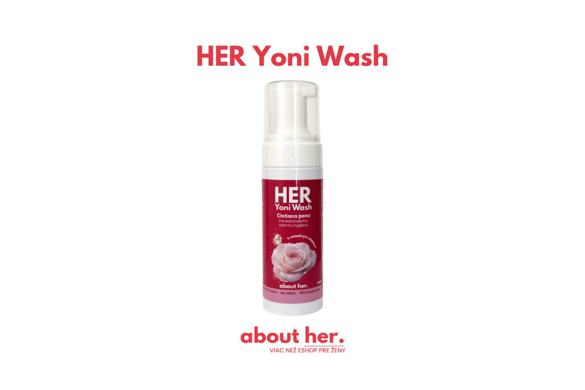 Biela fľaša čistiacej peny HER Yoni Wash 150 ml s červenou etiketou.