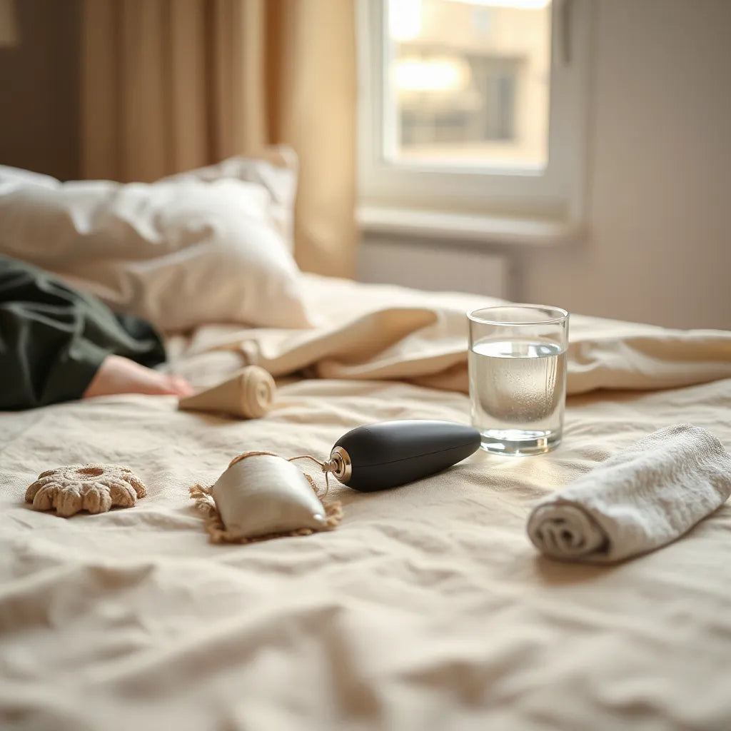 Relaxačná intimná atmosféra s masážnym doplnkom na jemnej látke pri pohári vody