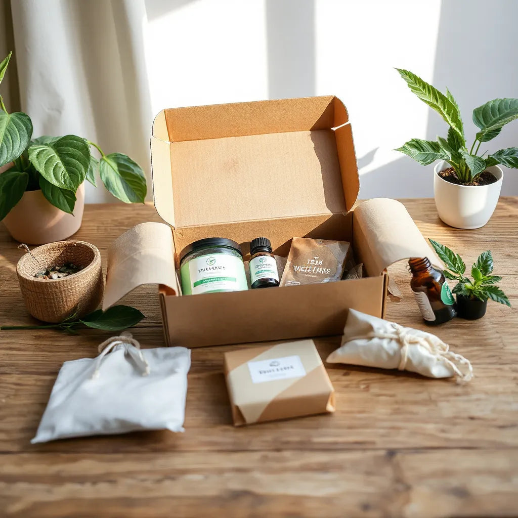 Otvorný wellness subscription box s prírodnými produktmi na drevenom stole pri prirodzenom svetle